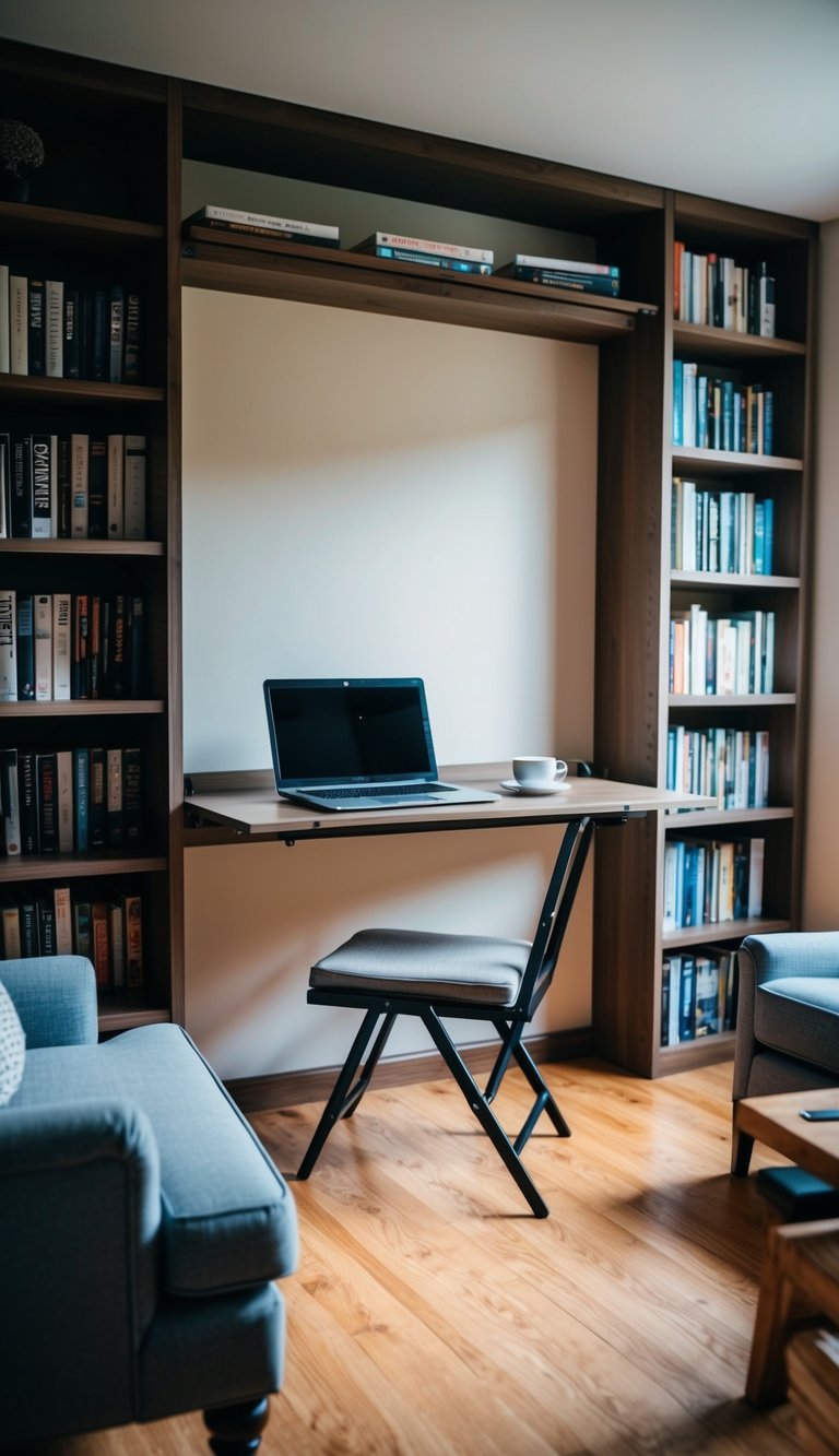 A cozy sitting room with a fold-down wall desk, surrounded by bookshelves and a comfortable chair. A laptop and a cup of coffee sit on the desk, creating a perfect office space