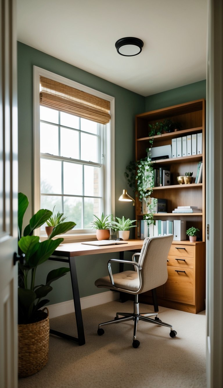 A cozy corner office with a desk, chair, and bookshelves. A large window provides natural light, and plants add a touch of greenery