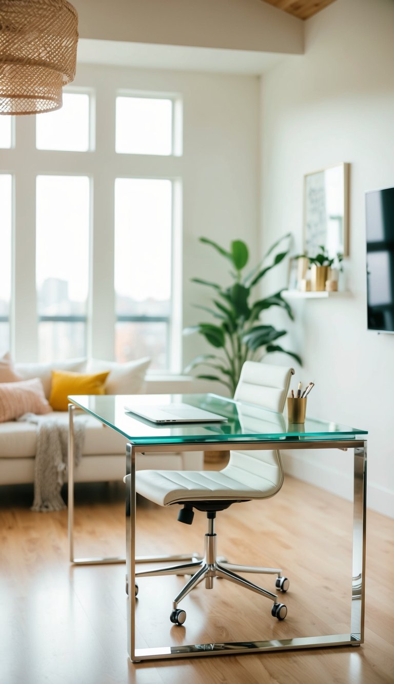 A sleek glass desk sits in a bright, airy room with a mix of modern and cozy elements, creating a welcoming and functional space for both work and relaxation