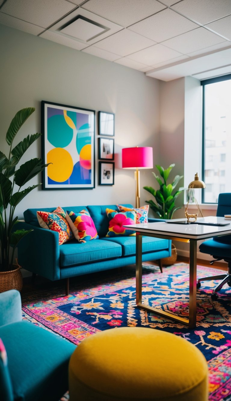 A cozy sitting room with vibrant office accents, featuring colorful throw pillows, a patterned rug, and a sleek desk with modern decor
