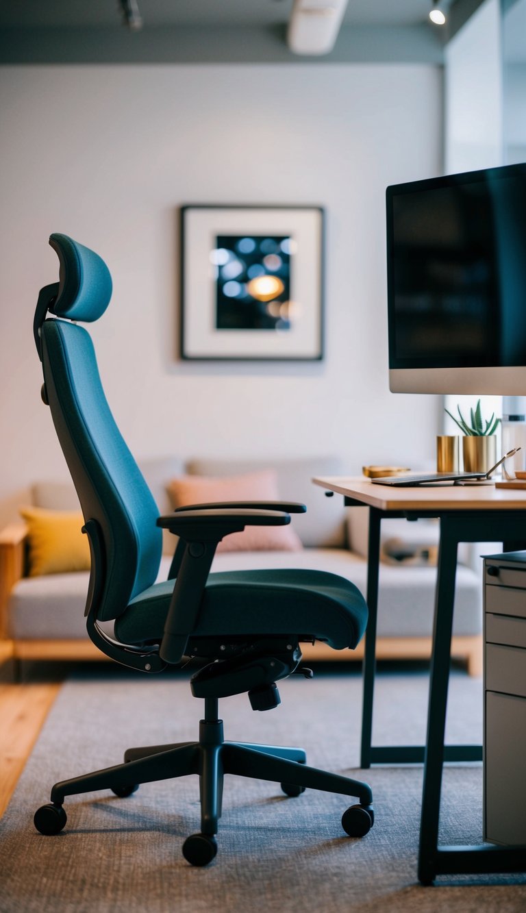 A sleek, ergonomic chair sits in a modern office with a cozy sitting area, blending style and functionality