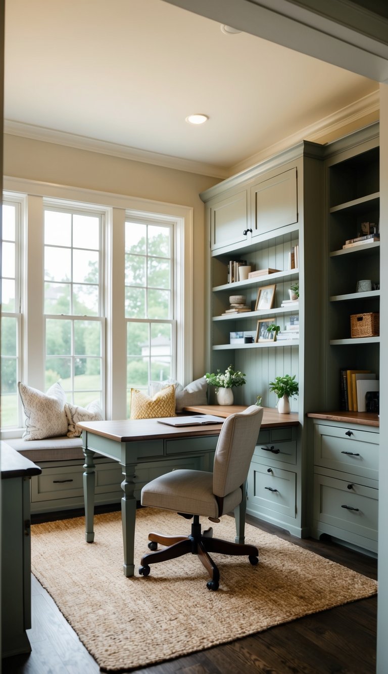 A cozy sitting room with a built-in workspace, featuring a desk, shelves, and comfortable seating. Natural light streams in through large windows, illuminating the room