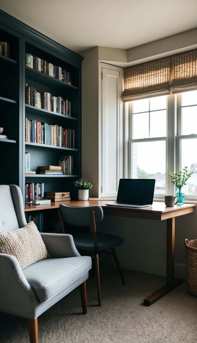 A cozy sitting room with a corner desk, bookshelves, and a comfortable chair. A laptop and a mug of coffee sit on the desk
