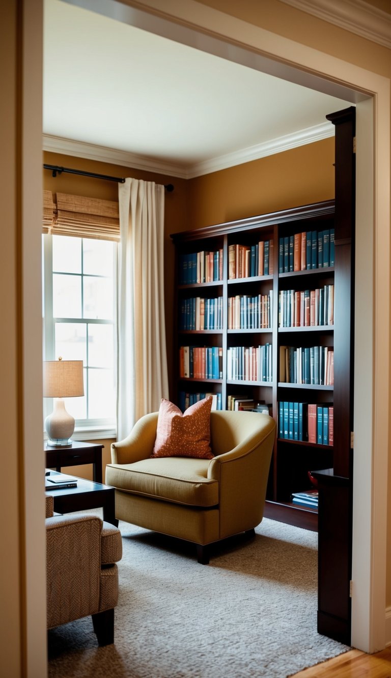 A cozy sitting area with a bookshelf room divider creating a separate office space. Comfortable seating and a warm color scheme make the room inviting