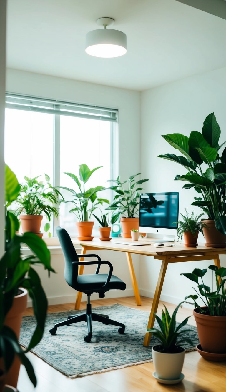 A bright sitting room office combo with various potted plants placed strategically for freshness and aesthetic appeal