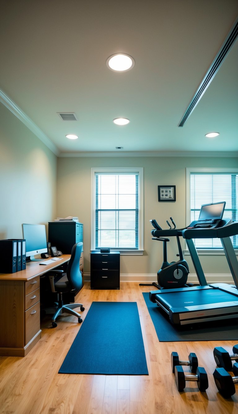 A spacious room with a desk, computer, and filing cabinet on one side, and exercise equipment like a treadmill, yoga mat, and free weights on the other