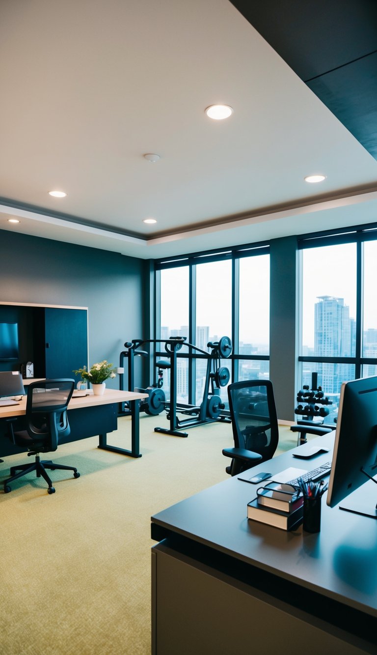 A spacious room with a designated work area and a separate gym zone, featuring exercise equipment and a desk with a computer and office supplies