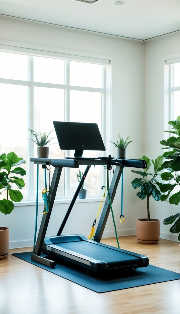 A standing desk with attached treadmill, resistance bands, and yoga mat in a bright, minimalist home office space with large windows and potted plants