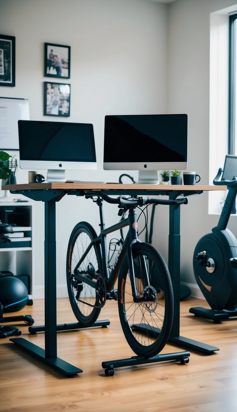An office desk with an attached under-desk bike, surrounded by a home office setup with gym equipment