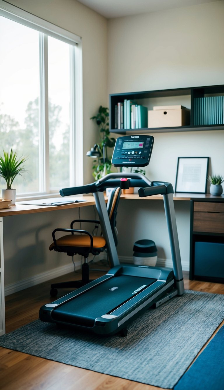 A compact treadmill tucked into a corner of a home office, surrounded by a desk, bookshelves, and a yoga mat