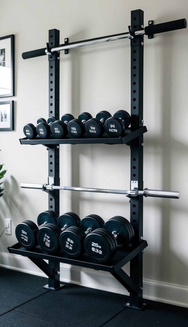 A wall-mounted weight rack holds neatly arranged dumbbells in a home office gym setup