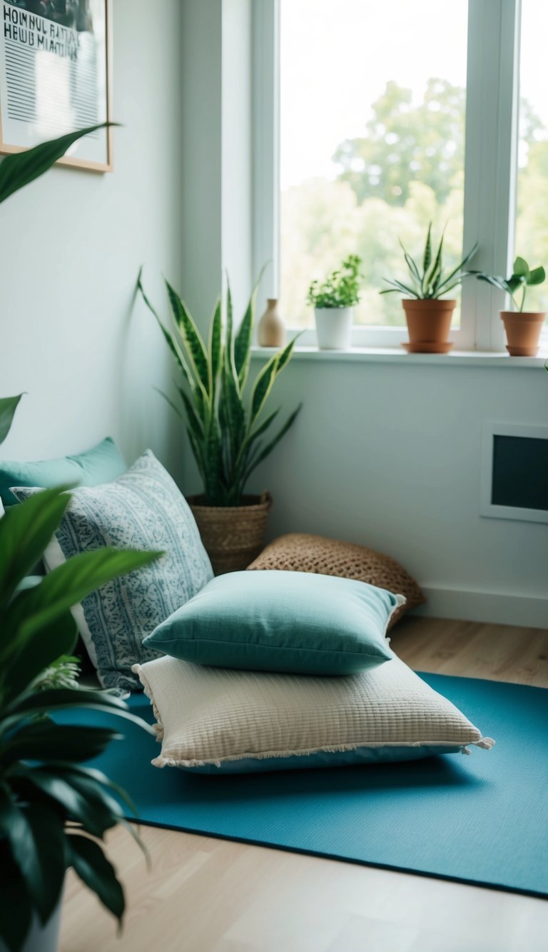 A serene corner with a yoga mat, cushions, and plants, set up for meditation and stretching in a home office gym combo