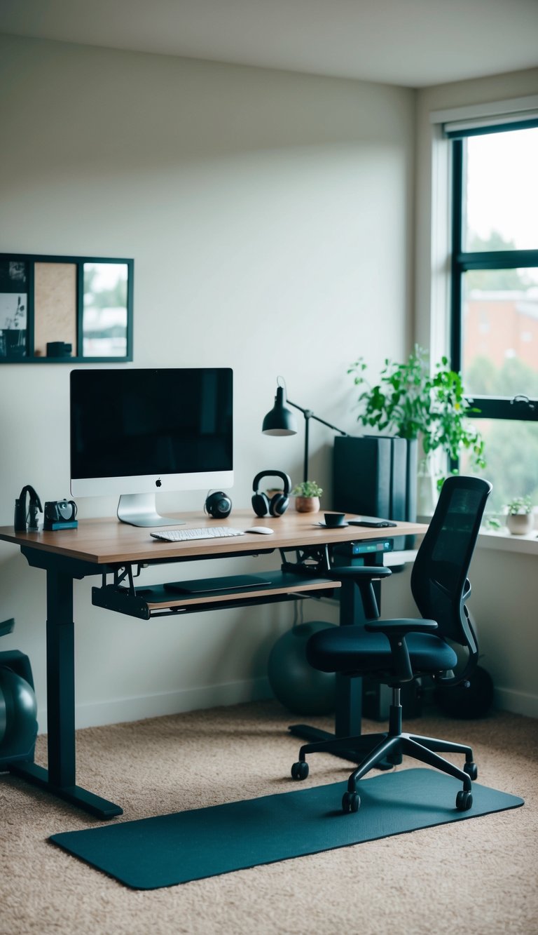 A home office with a desk that transforms into a workout station, surrounded by gym equipment and a yoga mat