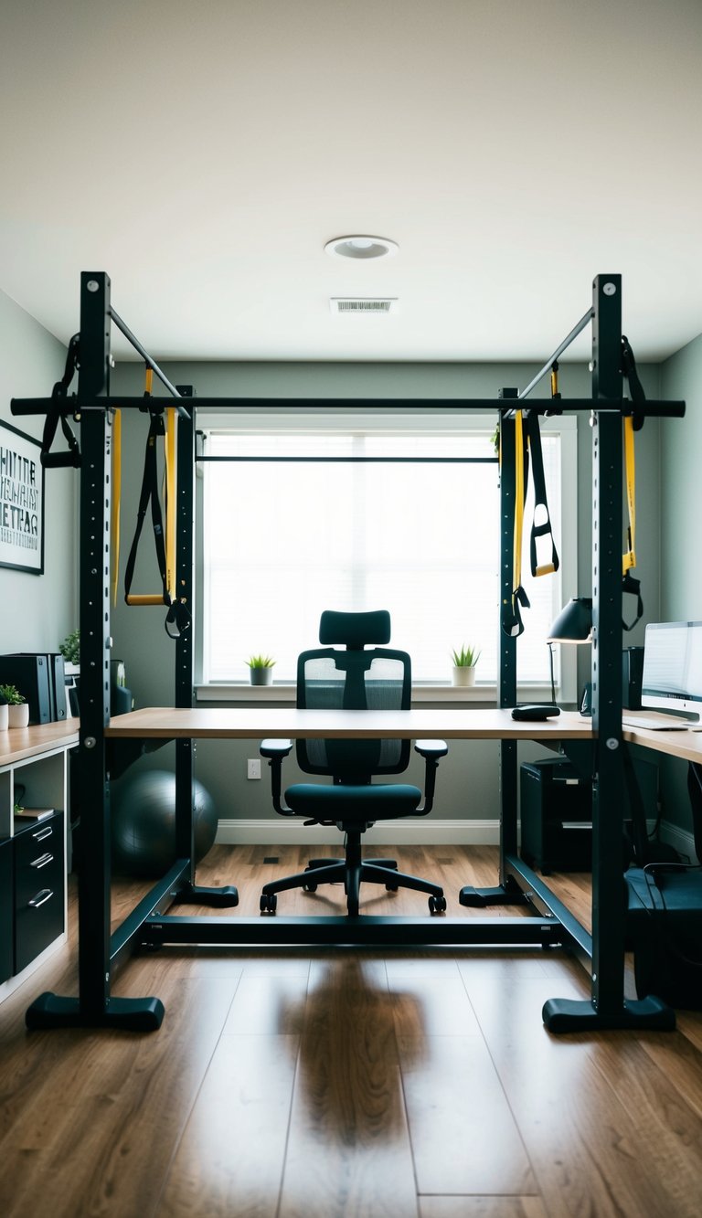 A desk with built-in exercise equipment, such as resistance bands and pull-up bars, surrounded by a home office setup