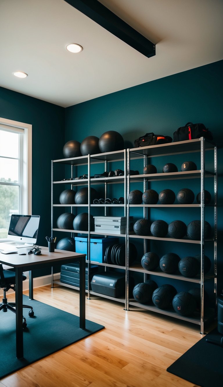 A home office with shelves and racks neatly organizing gym gear
