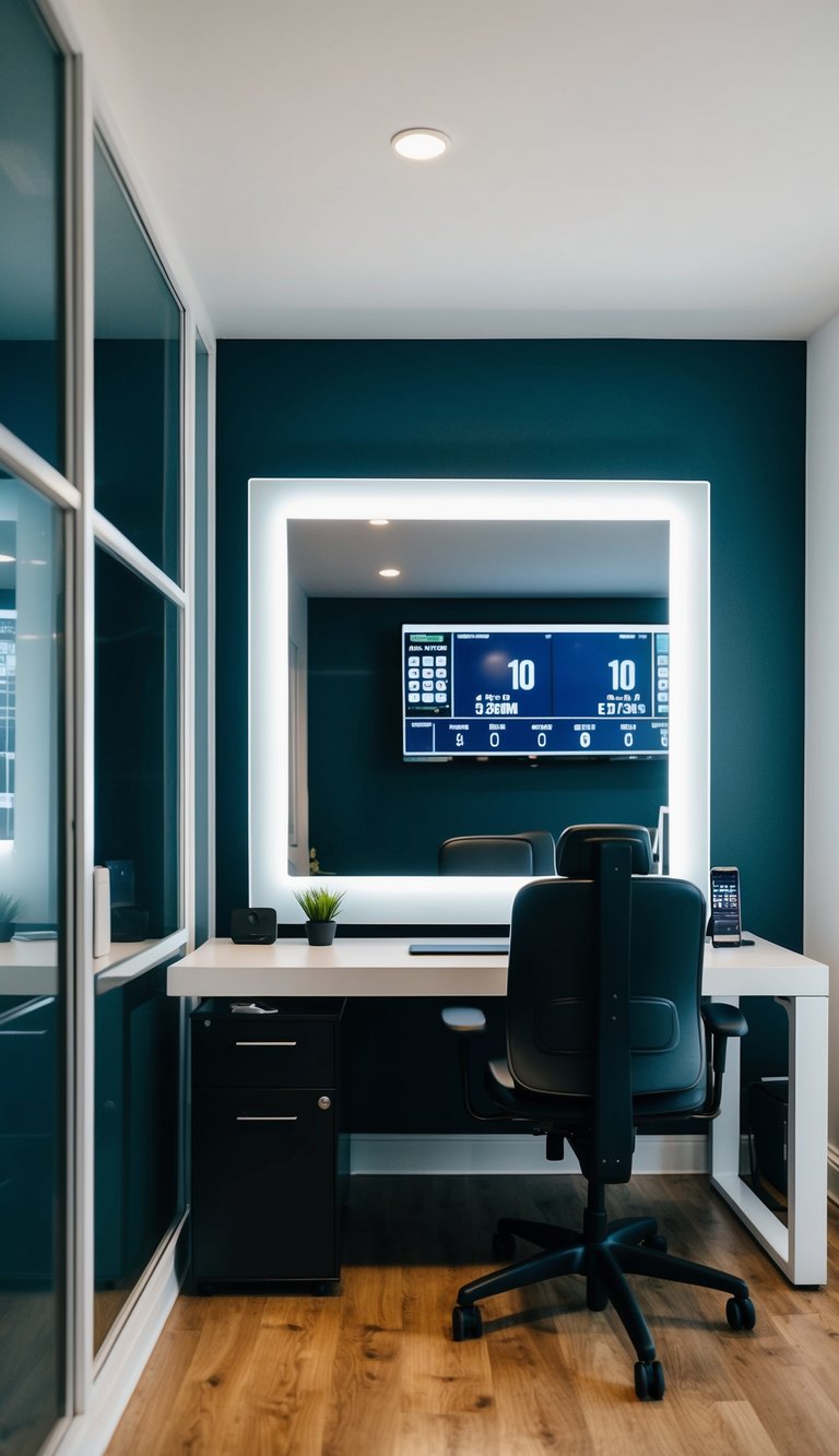 A home office gym with a smart mirror displaying real-time workout tracking and form checking