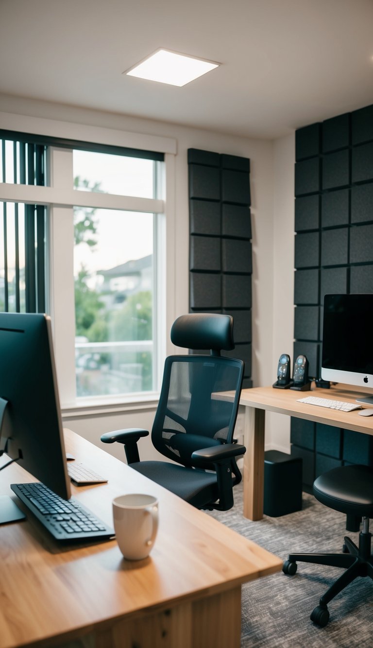 A home office gym with soundproofing materials, exercise equipment, and a desk with a computer