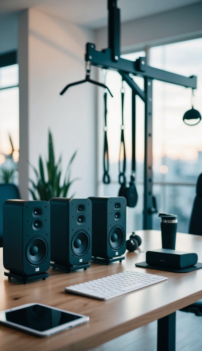 A sleek home office gym setup with Bluetooth speakers, workout equipment, and a motivating atmosphere for a productive workout session