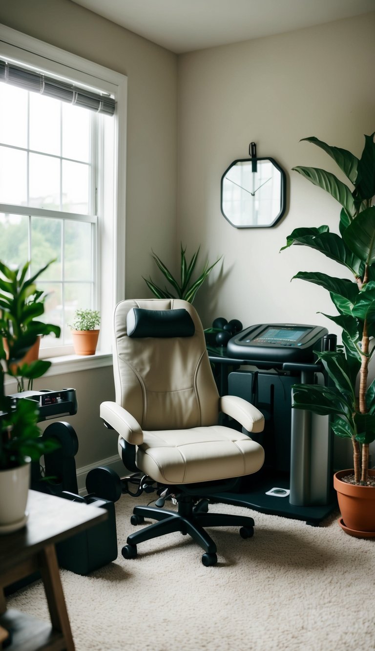 A cozy home office with a massage chair nestled in the corner, surrounded by gym equipment and plants