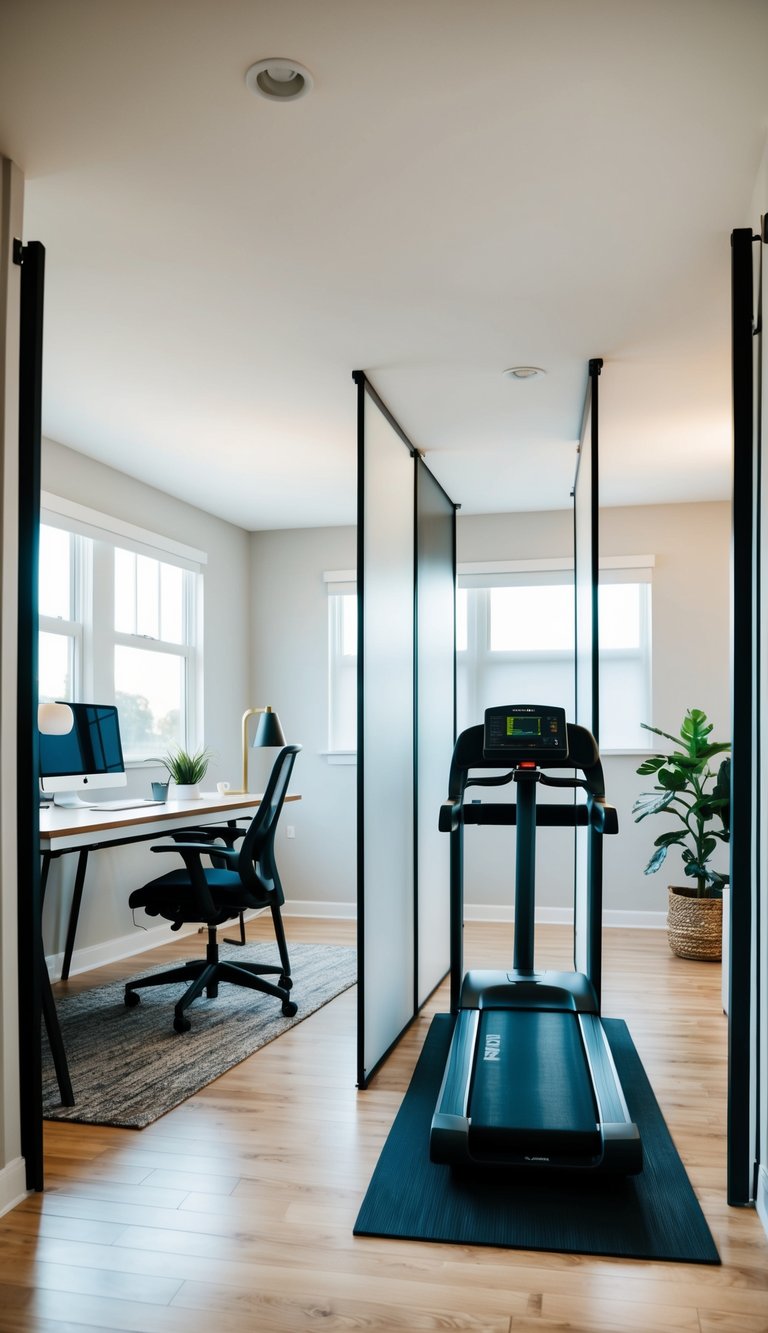 A home office with a desk and chair on one side, and a treadmill or yoga mat on the other, separated by removable dividers