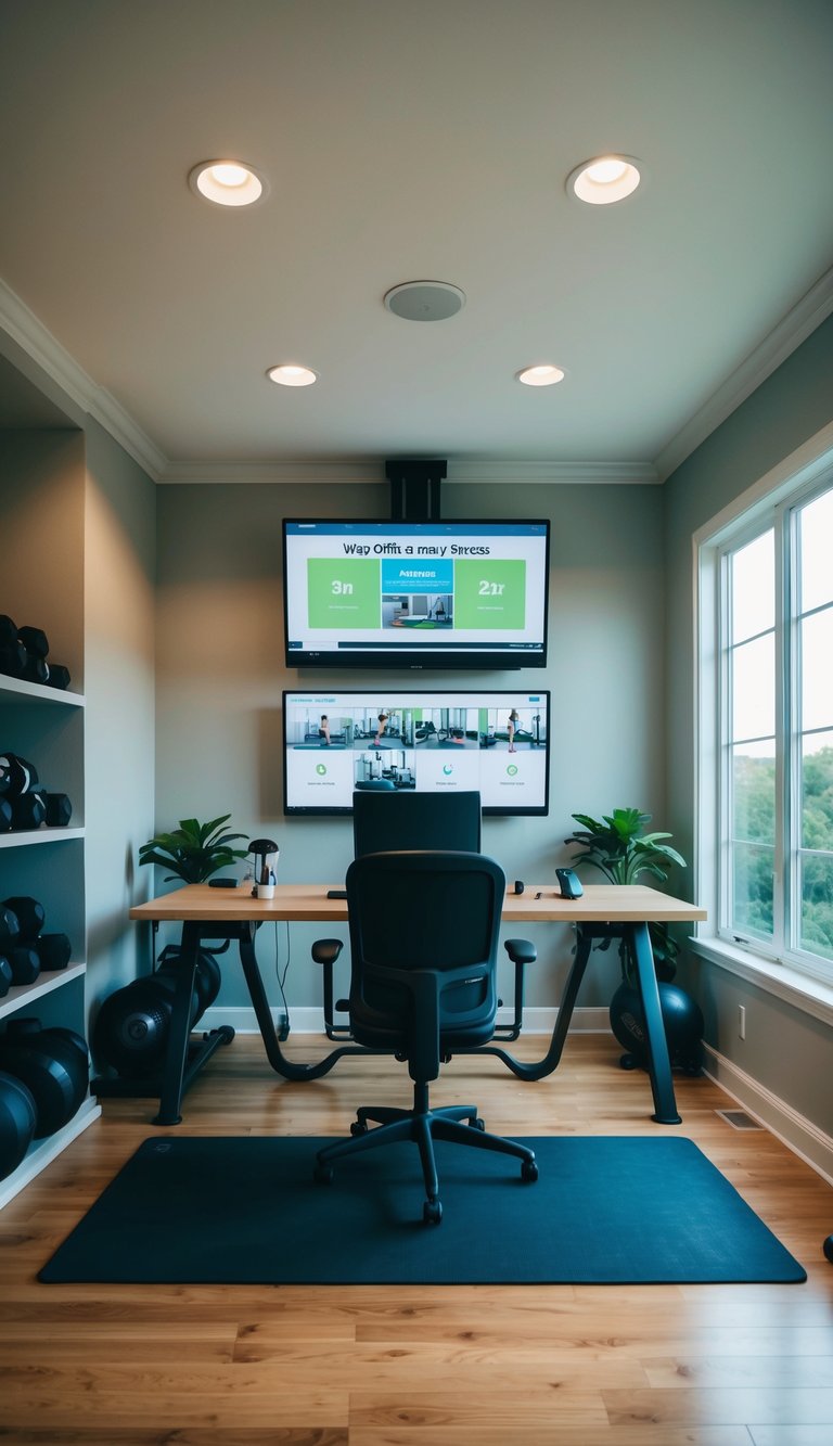 A spacious home office with a designated workout area featuring a large screen for guided fitness sessions, surrounded by gym equipment and a yoga mat