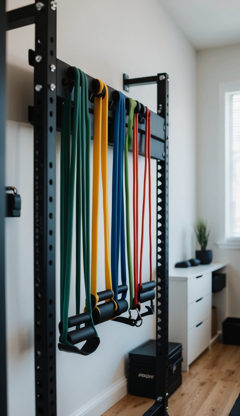 A wall rack holds resistance bands in a home office gym setup