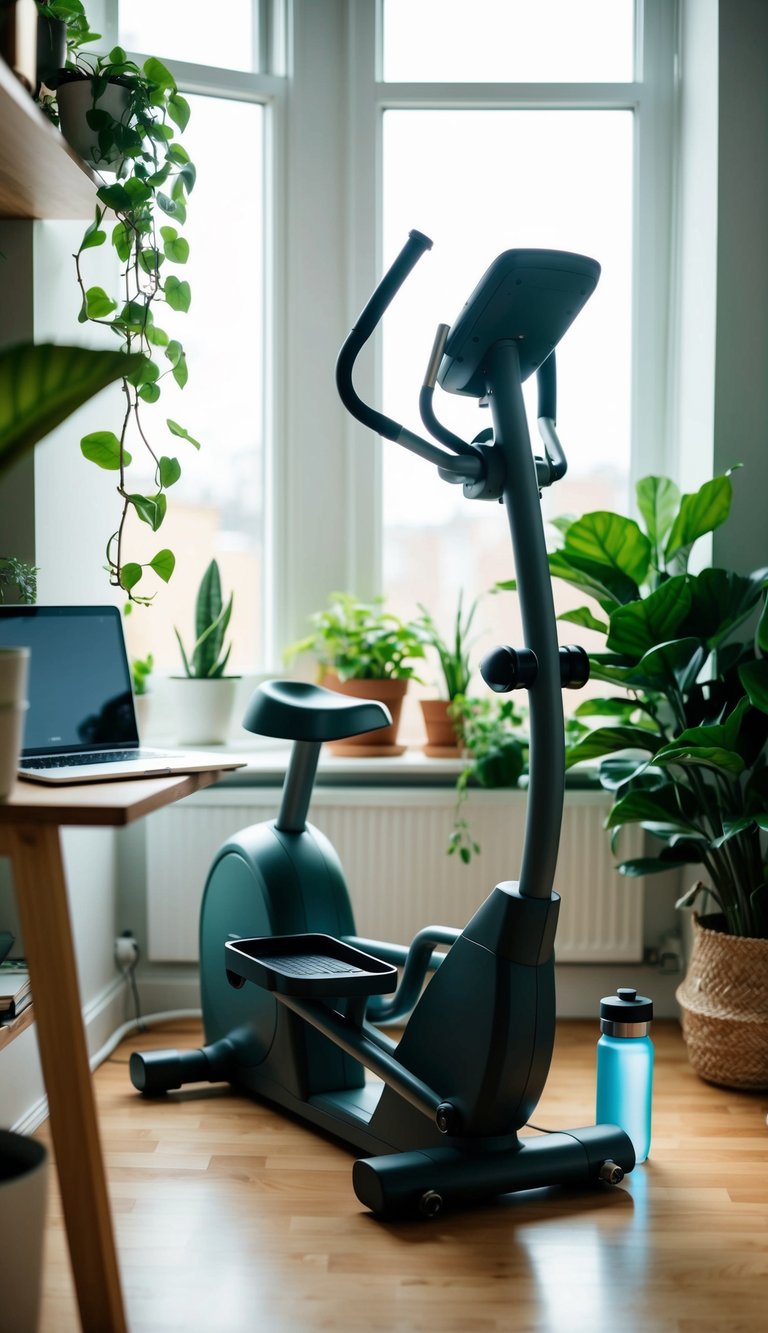 A compact elliptical machine sits in a cozy home office corner, surrounded by plants and natural light. A laptop and water bottle are nearby, creating a convenient workout space