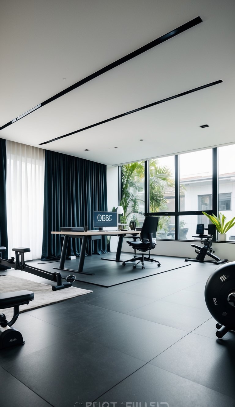 A spacious room with sleek, modern flooring and workout equipment blending seamlessly with a stylish home office setup