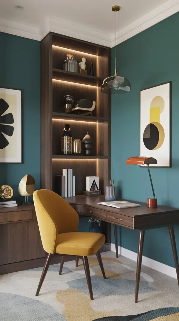 Mid-century modern design brings retro style and functionality into your small home office. This style features clean lines, bold colors, and stylish decor elements. Start with a desk that showcases the mid-century modern aesthetic, with sleek lines and tapered legs. Pair it with a comfortable chair in a bold color or pattern.
