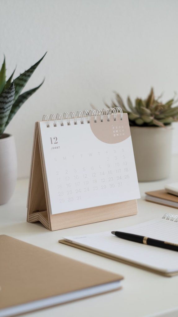 A simple desktop calendar sits on a clean, uncluttered workspace surrounded by neutral tones and chic office decor