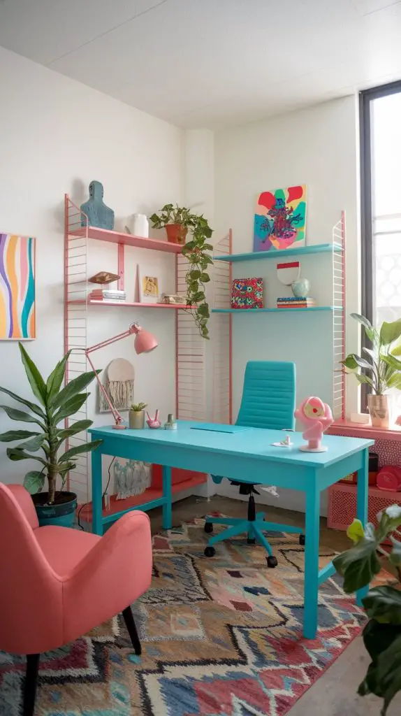 A vibrant home office with desks positioned in the middle of the room, surrounded by colorful decor and creative design elements