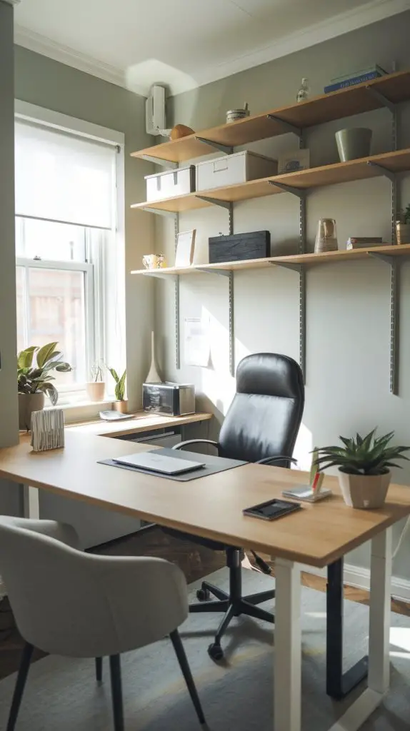 A compact, efficient home office with a desk placed in the middle of the room, surrounded by stylish and functional decor