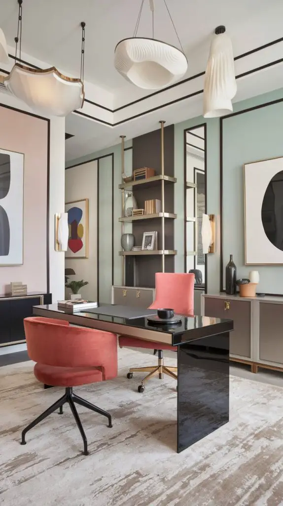 Contemporary chic design combines modern elements with a touch of sophistication to create a sleek and stylish home office. This style features clean lines, bold colors, and luxurious materials. Start with a modern desk in a high-gloss finish or metallic accents. Pair it with a comfortable chair in a bold color or pattern.