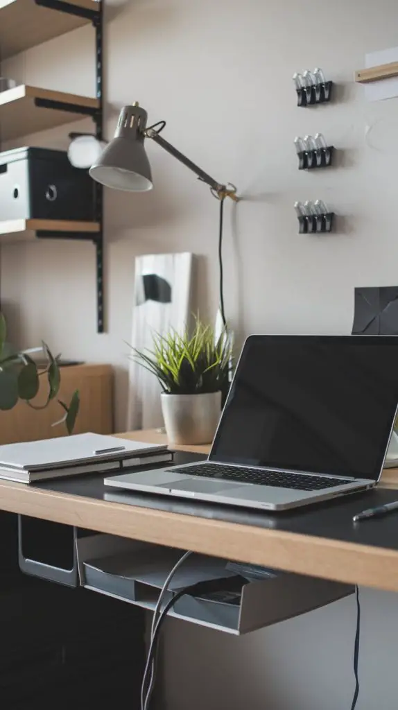 You can enhance your home office with efficient cable management solutions. Start by using cable clips or sleeves to bundle cords together and keep them organized. This helps prevent tangling and creates a clean workspace.