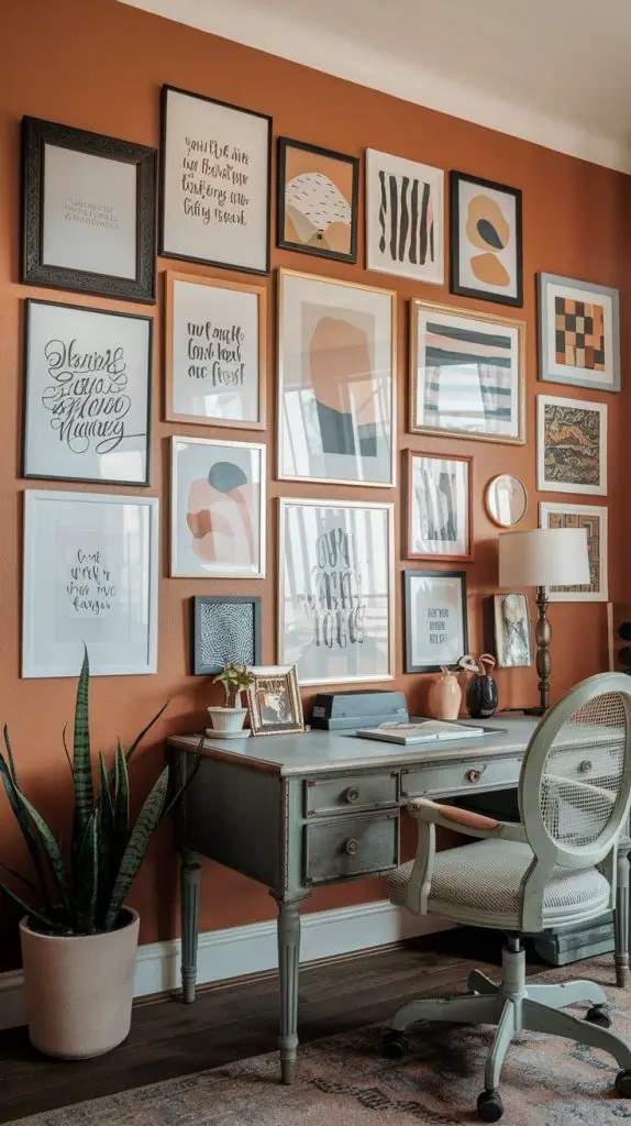 A colorful and varied collection of framed wall art in a modern home office, featuring calligraphy, abstract designs, and motivational quotes on an orange wall.