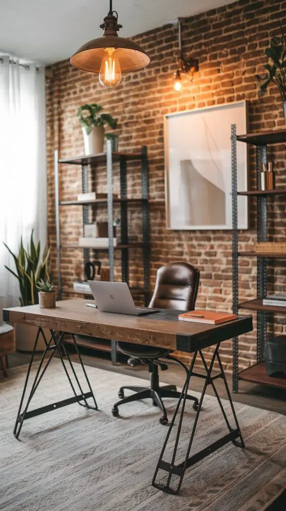 The modern industrial design combines raw materials and sleek finishes to create a unique and stylish home office. This design often features exposed brick walls, metal accents, and wooden elements.