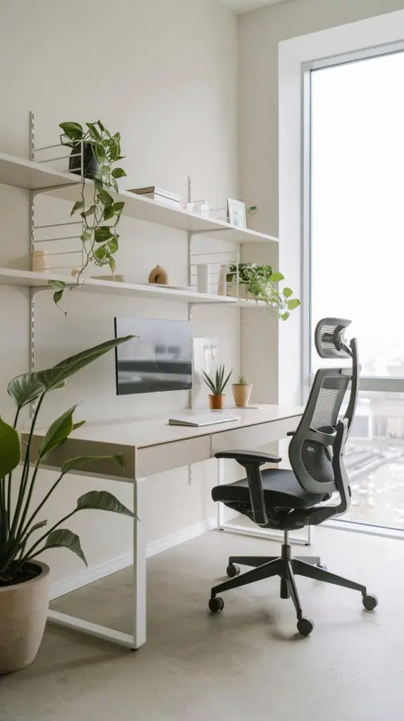 Minimalist designs are perfect for small home offices as they focus on simplicity and functionality. This design features clean lines, a neutral color palette, and minimal decor, creating a serene and clutter-free environment. Opt for a sleek desk with ample storage options to keep your workspace organized. Incorporate floating shelves to display essential items and add a touch of personality without overwhelming the space.