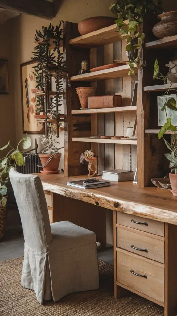 A rustic retreat design brings the warmth and charm of the countryside into your small home office. This style features natural materials like wood and stone, creating a cozy and inviting atmosphere. Start with a wooden desk that showcases the natural grain and texture of the wood. Pair it with a comfortable chair upholstered in natural fabrics like linen or cotton.