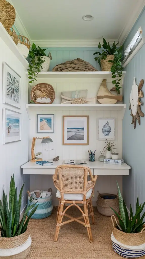 The coastal calm design brings the tranquility and beauty of the seaside into your small home office. This style features light and airy elements, creating a breezy and relaxed atmosphere. Start with a white or light-colored desk that reflects the coastal theme. Pair it with a comfortable chair in a natural material like rattan or wicker.