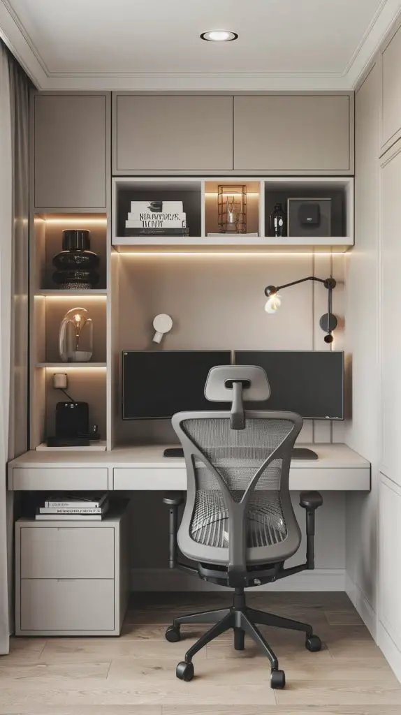 Tech-savvy space design brings modern functionality and cutting-edge technology into your small home office. This style features sleek furniture, smart storage solutions, and the latest tech gadgets. Start with a modern desk that includes built-in cable management and charging stations. Pair it with a comfortable ergonomic chair designed for long hours of work.