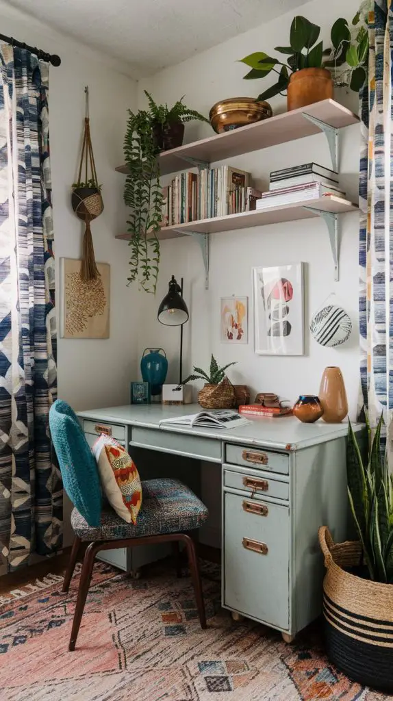 For those who love a more eclectic and relaxed vibe, the bohemian chic design is the perfect choice for a small home office. This style embraces bold colors, patterns, and textures to create a vibrant and inspiring workspace. Start with a vintage or rustic desk as the focal point. Pair it with a comfortable chair adorned with colorful cushions or throws.