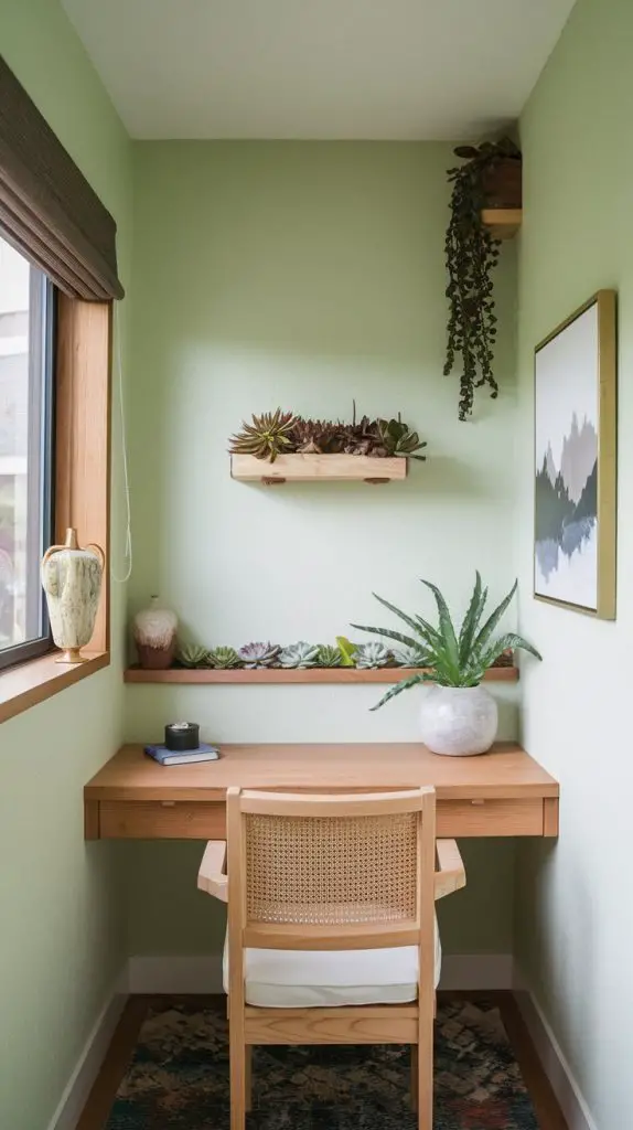 A zen zone design brings peace and tranquility into your small home office. This style features natural materials, calming colors, and minimalist decor elements. Start with a desk in a natural material like wood or bamboo. Pair it with a comfortable chair in a neutral color or natural material.