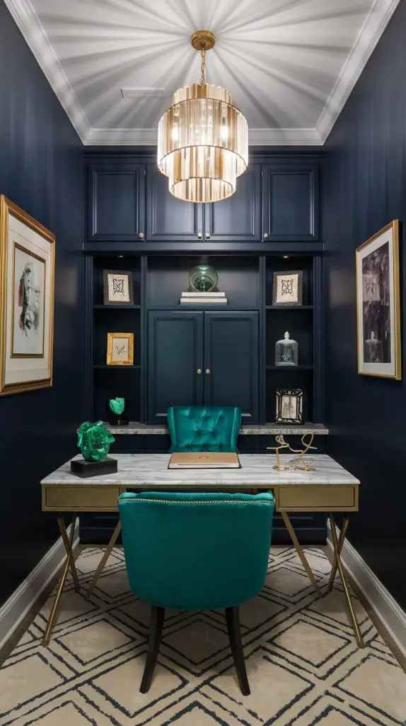 An elegant escape design brings luxury and sophistication into your small home office. This style features high-end materials, classic decor, and refined elements. Start with a desk in a luxurious material like marble or high-gloss wood. Pair it with a comfortable chair upholstered in a rich fabric like velvet or leather.