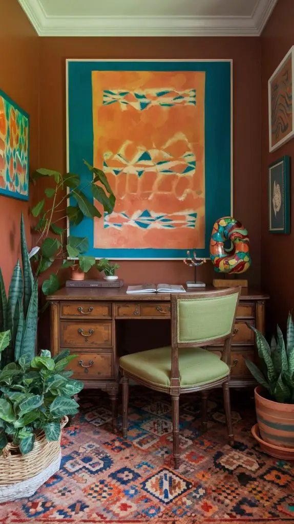 Eclectic elegance design brings a unique and stylish touch to your small home office. This style features a mix of different decor elements, bold colors, and unique accessories. Start with a desk that showcases your eclectic personality, whether it's a vintage piece or a modern design. Pair it with a comfortable chair in a bold color or pattern.