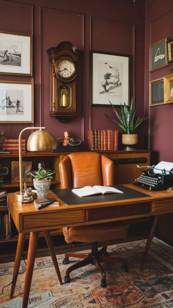 Vintage vibes design brings the charm and elegance of the past into your small home office. This style features antique furniture, classic decor, and timeless elements. Start with a vintage desk that showcases the craftsmanship and elegance of the past. Pair it with a comfortable chair upholstered in a classic fabric like velvet or leather.