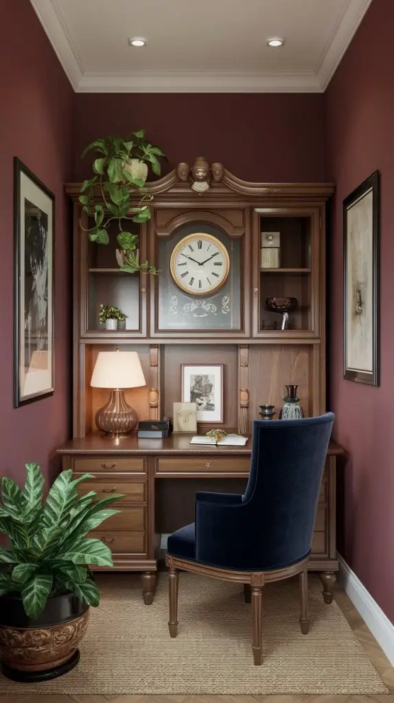 Classic comfort design brings a timeless and inviting touch to your small home office. This style features traditional furniture, warm colors, and classic decor elements. Start with a wooden desk that showcases traditional craftsmanship. Pair it with a comfortable chair upholstered in a classic fabric like leather or velvet.