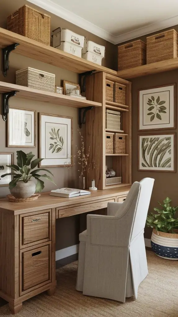 A farmhouse flair design brings the charm and coziness of the countryside into your small home office. This style features rustic materials, vintage decor, and cozy elements. Start with a wooden desk that showcases the natural grain and texture of the wood. Pair it with a comfortable chair upholstered in natural fabrics like linen or cotton.