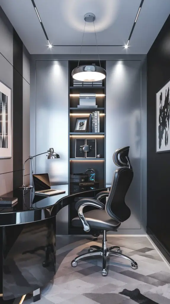 Futuristic flair design brings a sleek and innovative touch to your small home office. This style features modern materials, bold colors, and cutting-edge technology. Start with a desk in a high-gloss finish or metallic accents. Pair it with a comfortable chair in a bold color or with futuristic details like LED lighting or ergonomic design.