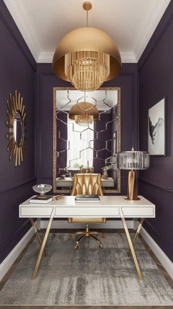A glamorous getaway design brings sparkle and shine into your small home office. This style features luxurious materials, bold colors, and glamorous decor elements. Start with a desk in a high-gloss finish or metallic accents. Pair it with a comfortable chair in a bold color or with glamorous details like tufting or metallic accents.