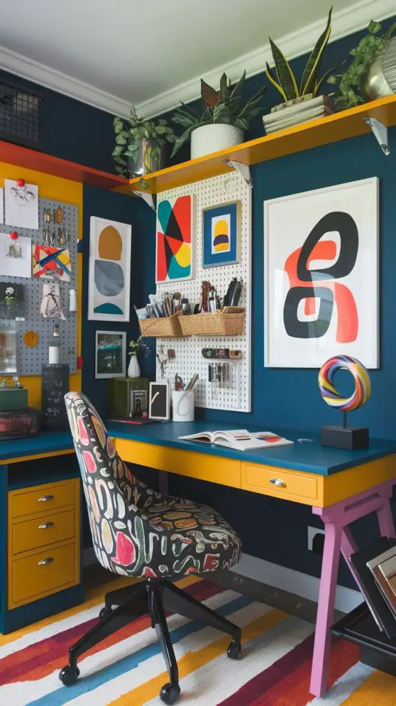 An artistic haven design brings creativity and inspiration into your small home office. This style features bold colors, unique decor, and artistic elements. Start with a desk that showcases your artistic personality, whether it's a colorful painted desk or a unique handmade piece. Pair it with a comfortable chair in a bold color or pattern.
